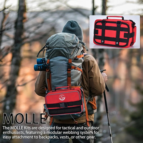 Hiker with backpack using Essential 418 Piece First Aid Kit For Home Travel Camping Hiking And Outdoor Emergencies on trail