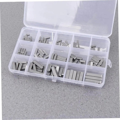 Box of Pro Grade Square Parallel Pin Set With Flat Head Machine Pins, 140-Piece Assortment, lightweight steel for bolts and fasteners.