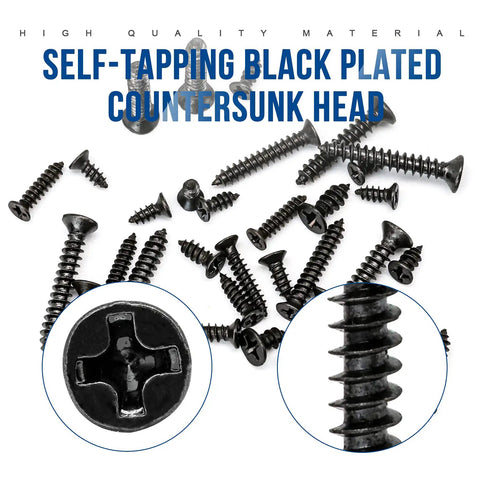 Close-up of 450 Piece Mini Screw Kit With Phillips Flat Head Self Tapping Screws M2.3 M2.6 M3 Countersunk Carbon Steel Black Finish