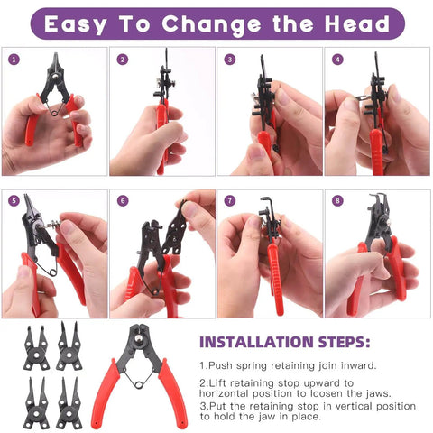 Instructional guide showing how to change the head on All In One 4 In 1 Snap Ring Pliers Kit With 262 Pcs External And Internal Retaining Rings