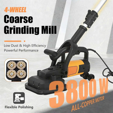 4-wheel Beast Concrete Floor Grinder 4 Head 3800W with extendable rod for polishing concrete and marble floors, 230V.