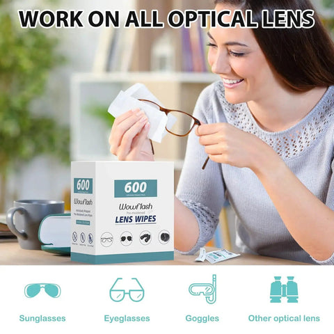 Woman cleaning glasses with Eyeglasses Lens Wipes 600 Count Premoistened Streak Free For Glasses Sunglasses box.