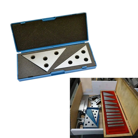 Pro Grade Angle Block Set 30 60 90 And 45 45 90 Degrees Precision Ground Hardened 1045 Steel 2 Pack in blue case and in use.