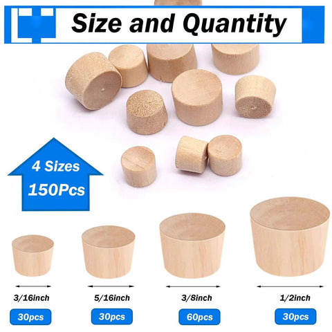 Wood Plugs Set, 150 Pcs Assortment In Four Sizes 3/16 Inch, 5/16 Inch, 3/8 Inch, 1/2 Inch, Schima Wood Plugs For Furniture Holes