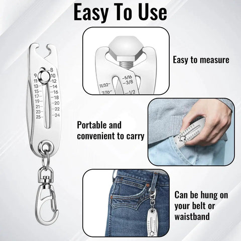 Portable Thread Size Checker Keychain With Dual Vernier Calipers For Quick Bolt Measuring Of Screws And Nuts On The Go Everyday Carry Bolt Size Finder Compact Nut And Bolt Gauge For Thread Identification With SAE And Metric Dual Scale, shown against a white background with measurements visible and attached to jeans.