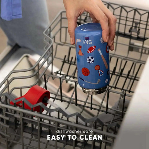 Person placing a sports-themed Disney Princess 14oz Kids Water Bottle With Straw Lid Insulated Stainless Steel Tumbler in a dishwasher