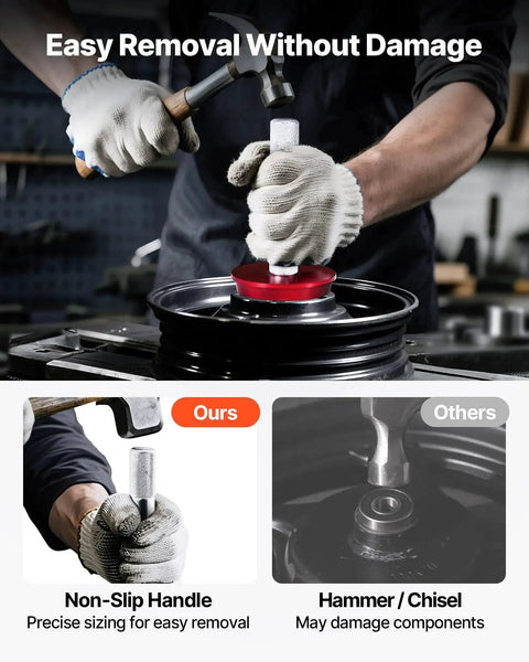 Bearing Press Kit 43 Pcs Bearing Race And Seal Driver Set in use, showing precise removal of bearing race with non-slip handle tool.