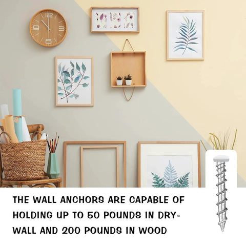 100 Pack White Drywall Anchors 1/4 X 1-1/2 Inch Pan Head Alloy Steel Self Drilling Wall Anchors with art and text overlay