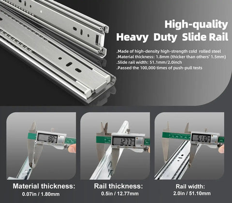 Heavy Duty Drawer Slides With 200 Lb Capacity Full Extension Ball Bearing Rails 20 Inch Pair, steel construction with measurements shown.
