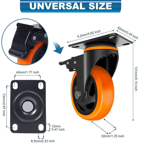 Diagram of Heavy Duty 4 Inch Swivel Caster Wheels Set Of 4 With Dual Locking For Furniture And Workbenches 2200 Lb Capacity, showing measurements.