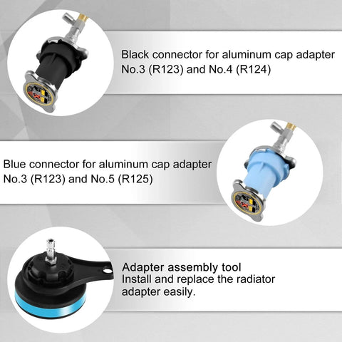 Automotive Radiator Pressure Tester And Coolant Vacuum Refill Kit 28 Piece Set adapters and assembly tool in different colors.