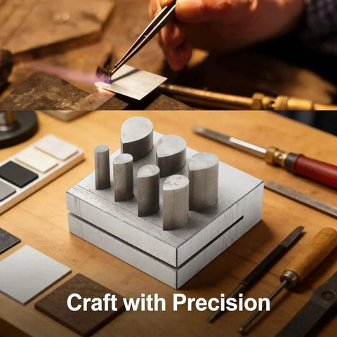 Drop Shaped Die Cutter Set With 7 Pieces In 45 Steel for jewelry making, shown on a table with crafting tools, highlighting precision and versatility.