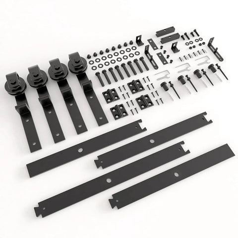 60 Inch Bi Folding Sliding Barn Door Hardware Kit For Four Doors With Heavy Duty Side Mounted Rollers For Smooth Sliding Fits Four 14 Inch Bifold Doors Space Saving Folding Solution Doors Not Included, showing all components, including rollers and brackets.