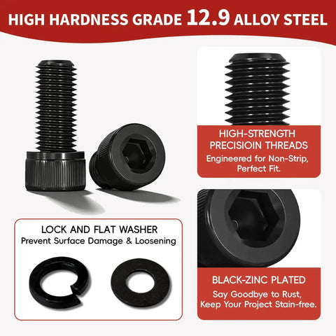 Black zinc plated hex socket cap head screws with washers, part of the 1760 Piece Metric Screw Set With M2 M3 M4 M5 Bolts And Nuts, Black Zinc Plated Grade 12.9 Alloy Steel, Hardworking DIY Hardware Kit For Projects And Repairs, for 3D printers and repairs.