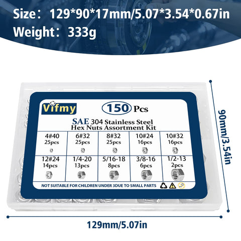 SAE Hex Nuts Assortment Kit 150 Piece Stainless Steel 304 Hardware Nuts Set with Ten Sizes from 4-40 to 1/2-13 labeled packaging