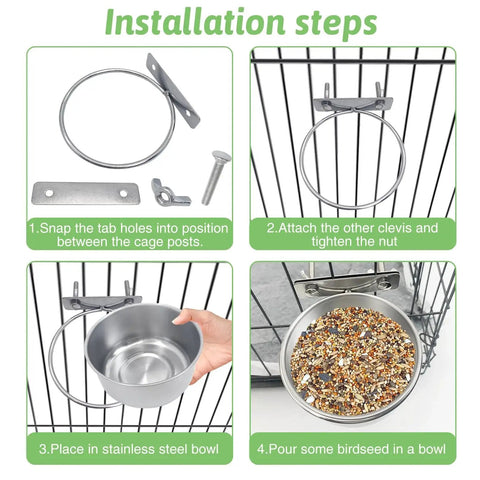 Installation steps for Stainless Steel Bird Bowls With Clamp for Cage Birds Tfwadmx 4 Pack with seed and a cage view