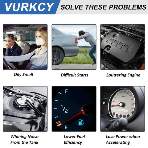 Image showing solutions for problems like oily smell, difficult starts, sputtering engine, whining noise, and lower fuel efficiency.