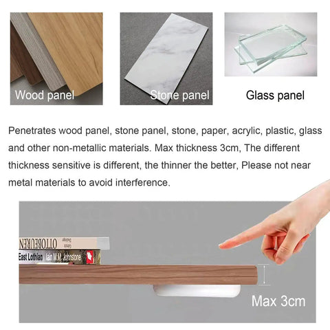 Demonstrating hidden touch sensor switch under wood, stone, glass panels; activates 110V 250W lamp, no hole needed.