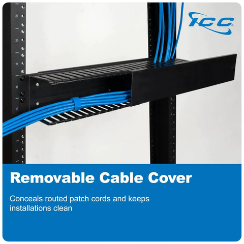 2U Finger Duct Cable Manager Panel with cover, installed on 19 inch rack, concealing blue cables for clean wiring.