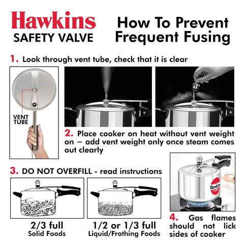 Hawkins B1010 3-piece pressure cooker safety valve diagram showing vent tube and steam weight, fill guidelines