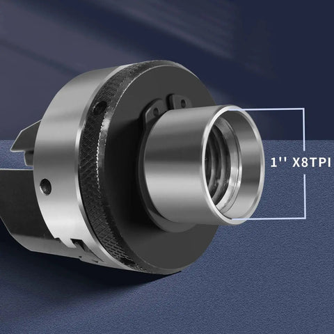 Close-up of 2 Inch 2 Jaw Pen Drilling Lathe Chuck With 1 Inch 8TPI Direct Thread for woodturning, showing threading and jaws