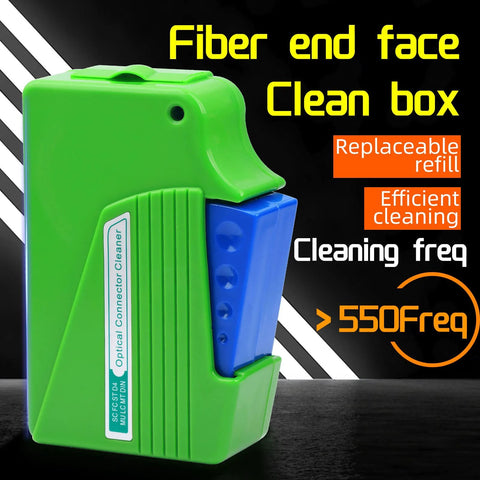 Optical fiber connector cleaner cassette in green with blue refill module; compatible with FC/SC/ST/LC/D4 connectors.