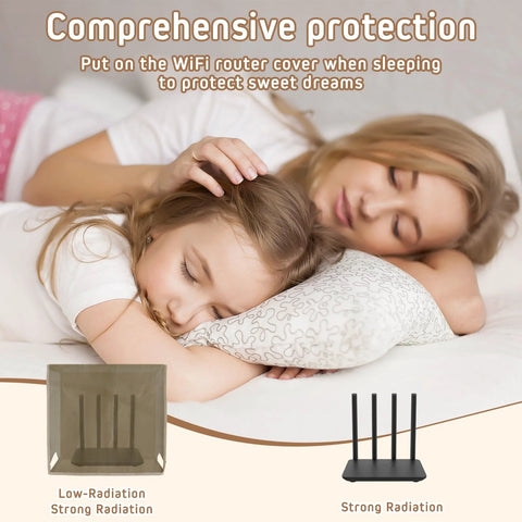 Amazon Otoolling WiFi router cover; black four-antenna router beside a gray Faraday shield, sleeping woman and child.