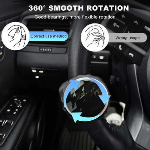 Durable Steering Wheel Spinner Knob For Easy One-Hand Driving, 360 Degree Rotation With Metal Bearing, Power Handle mounted on car steering wheel.