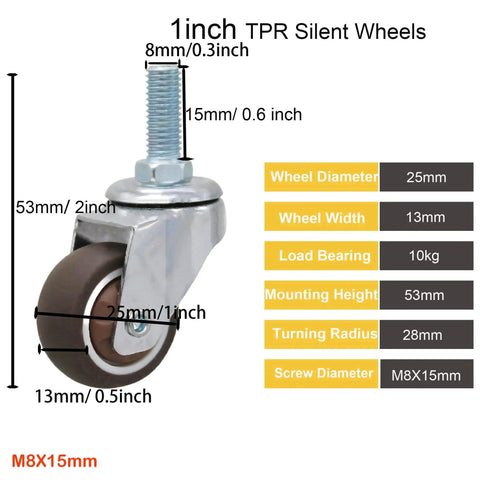 Diagram of 1 Inch Swivel Stem Threaded Casters With M8x15 Threaded Rod 360 Degree Swivel Action TPR Quiet Caster Wheels