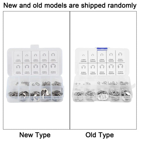 Two packages of E Clip Washer Kit 120 Piece Stainless Steel M1.5 To M10 External Retaining Rings, showing new and old models
