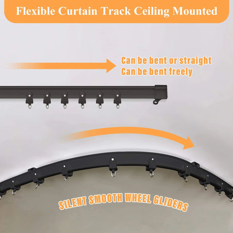 100 Percent Blackout Room Divider Curtains With Ceiling Track Set showing flexible black ceiling track and gliders.