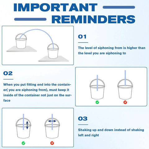 Instructions for using One Half Inch Siphon Hose for Gasoline and Water Transfer Self Priming 10ft with important reminders.