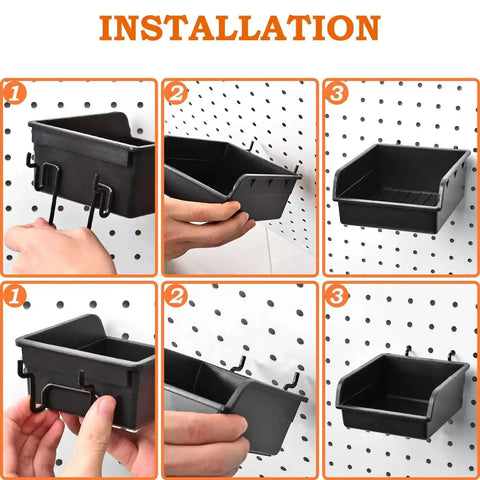 Step-by-step installation of 12 Pack Pegboard Bins And Cups Set For One Eighth And One Quarter Inch Pegboard Wall Organizer.