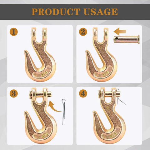 Four-step assembly of Three Eighths Inch Heavy Duty Chain Hook 6600 Lbs G70 Clevis Grab Hook with yellow chromate finish