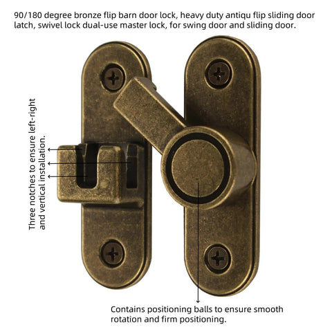 Heavy Duty 90 To 180 Degree Flip Barn Door Lock For Sliding Doors Built Tough Anti Rust Bronze Zinc Alloy Latch with Antique Finish
