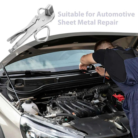 Mechanic using Adjustable Pro Grade Pulling Plier Clamp For Auto Body Repair with Wide Duckbill Jaws on car engine