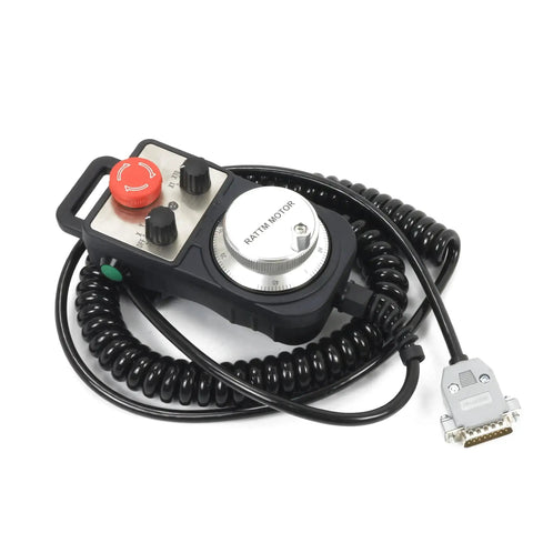 4 Axis Offline Standalone CNC Motion Controller System DDCSV31 Handwheel with E Stop button and coiled cable for CNC machines.