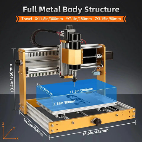 Boss 500W All Metal CNC Router Machine With 3 Axis GRBL Offline Control And Emergency Stop For Cutting Wood Acrylic MDF And Plastic 300 X 180 X 80mm Working Area LUNYEE 3018 Pro Max shown with dimensions and metal body structure.