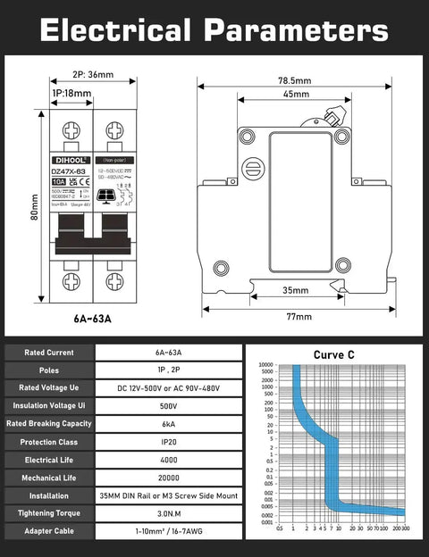 Diagram of electrical parameters for 30 Amp Two Pole Solar Disconnect Switch with DIN Rail Mount, showing dimensions and ratings.