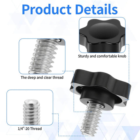 1/4-20 Knurled Thumb Screws Set, Black Plastic Knobs, 12 Pieces, stainless steel thread close-up, sturdy grip details