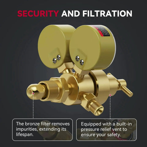Argon CO2 Welding Regulator For MIG And TIG 0-4000 PSI with dual gauges showing security and filtration features