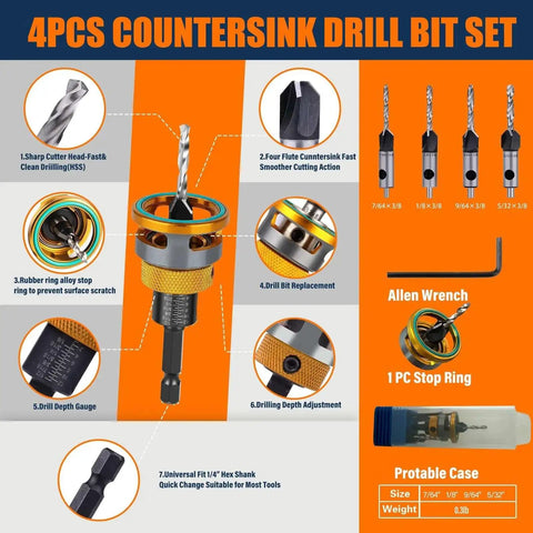 Countersink Drill Bit Set With Depth Stop And L Shape Wrench, 4 Piece DIY Friendly M2 HSS Tapered Pilot Bits for Wood displayed.