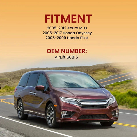 Rear air spring suspension kit banner on a maroon minivan, showing FITMENT and AirLift 60815.