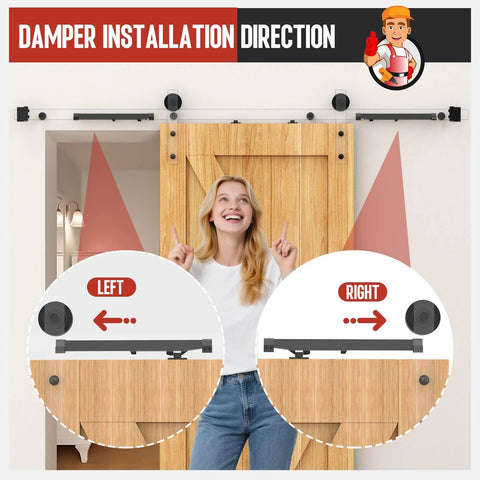 No-Drill Sliding Barn Door Soft Close Kit installed, showing tool-free dampers on a wooden bedroom door for quiet closure
