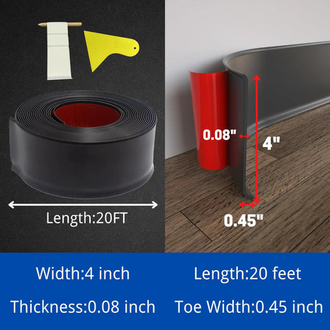 Self Adhesive Vinyl Baseboard Moulding 4 Inch By 20 Feet Black Peel And Stick Wall Cove Base Moulding Trim, showing dimensions and installation.