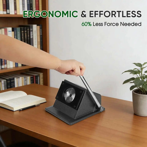 Heavy Duty Button Paper Cutter for 58mm Badges and 69.5mm Round Buttons in use on a desk, showing ergonomic design and effortless cutting.