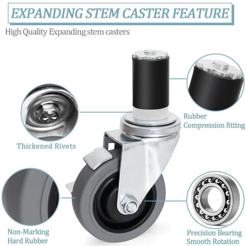 Four Inch Prep Table Casters Set Of Four Heavy Duty Expanding Stem Wheel Casters With Brakes showing thickened rivets and rubber fitting