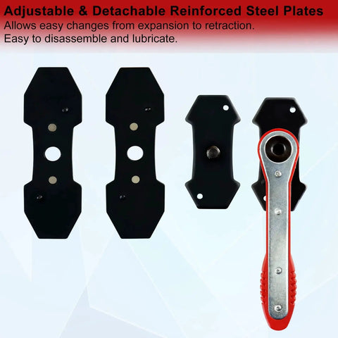 Front view of brake caliper compression tool set with four spreader plates and a red-handled ratchet tool