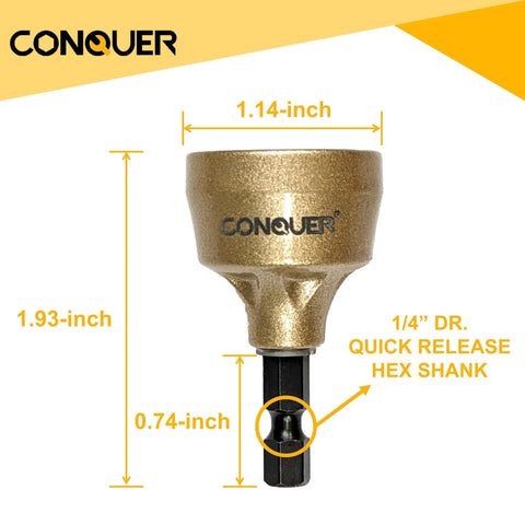Premium Tungsten Deburring External Chamfer Tool With Quick Release Shank for 1/8 to 3/4 inch, dimensions shown, stainless steel use.