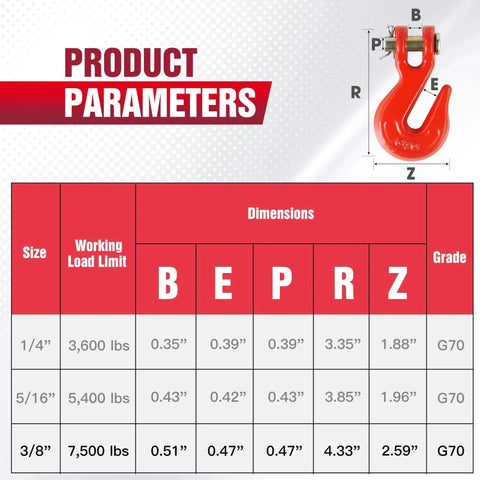 Diagram showing dimensions and specifications of 3/8 Inch Clevis Grab Hooks 4 Pack Heavy Duty Grade 70 Forged Steel 7500 Lbs WLL.